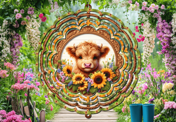 Charming Highland Cow Sunflower Wind Spinner