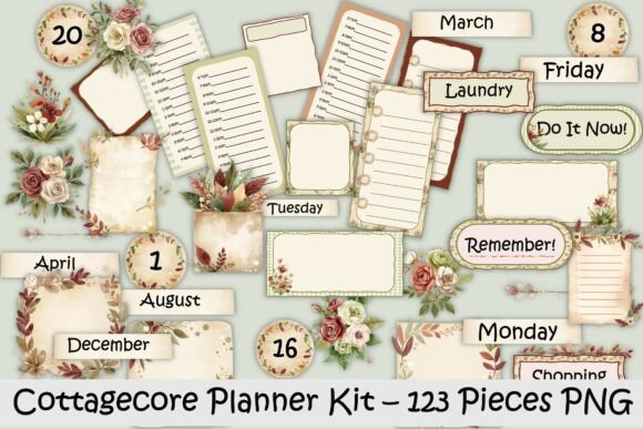 Cottagecore Planner Designing Kit: 123 PNGs for Your Projects