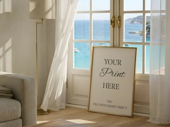 Sea View Window Gold Frame Mockup: A Coastal Escape
